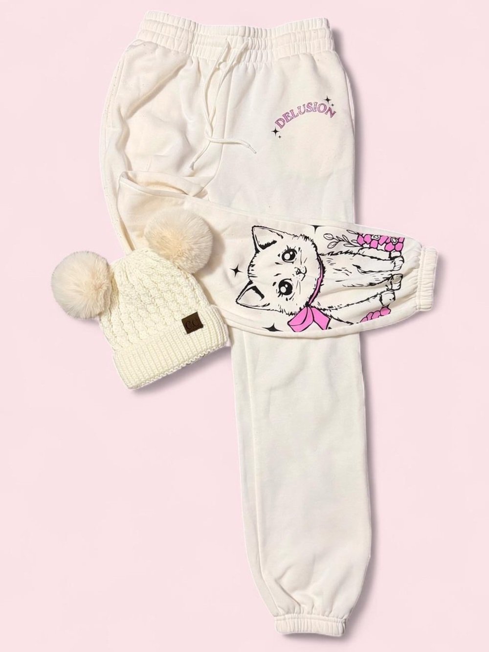 Cream Graphic Jogger Pants with Pom Pom Beanie